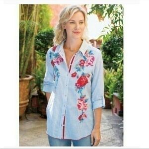 Soft Surroundings Garden City Floral Embroidery Striped Button Down Shirt XS